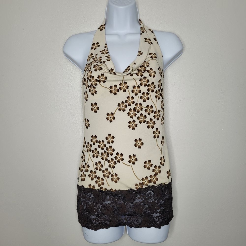 Vintage y2k wet seal tan brown lace floral halter going out top party medium